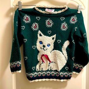 Vintage Girls  Cat Christmas Sweater medium 5/6 with jewel eyes